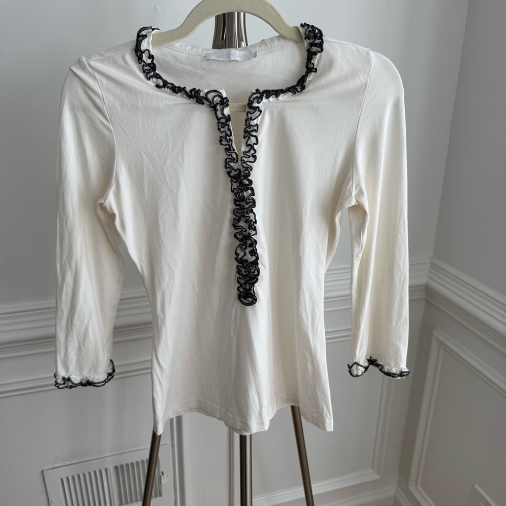 Anne Fontaine White stretch Cotton and Black Ruffle Trim Top Size EU 38 (US 4-6)